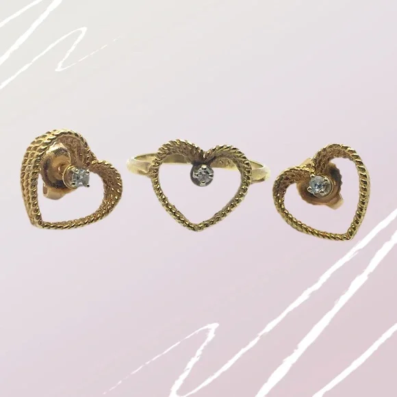 Vintage! 14K Gold - SKAL - Heart Ring & Earrings Set w/Diamonds - Picture 1 of 4